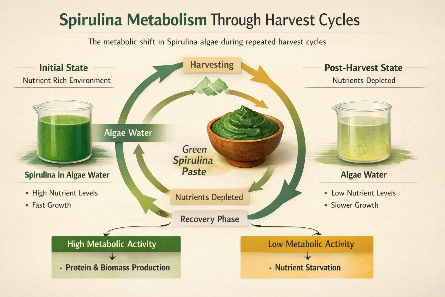 How Spirulina Metabolism Changes Under Continuous Harvest Cycles